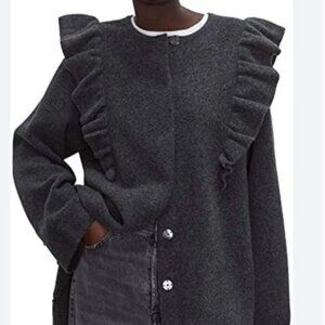 Charcoal Gray Zara Women Knit Coat with Ruffle Trims Size Small